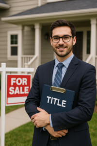 A confident young real estate agent in a navy suit stands in front of a modern house with a "FOR SALE" sign, holding a clipboard labeled "TITLE"—clearly ready to conquer closings with style.