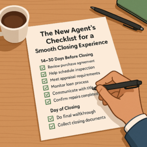 An illustrated checklist for new real estate agents, detailing tasks to complete before and during closing. It’s placed on a wood surface, with a hand in a blue suit jacket checking off the final box with a pen.