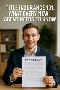 A smiling young real estate agent in a navy suit holds a document labeled "Title Insurance" in a modern office, exuding confidence and approachability.
