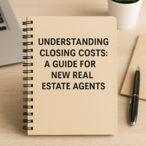 A beige spiral notebook on a minimalist desk, titled "Understanding Closing Costs: A Guide for New Real Estate Agents" with a black pen, laptop keyboard, file folder, and potted succulent nearby.