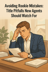 A young real estate agent in a navy suit sits at a desk with a stack of papers, looking stressed while reading a document. Sunlight streams through a window, and a house is visible outside.