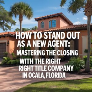 A beautiful Ocala, Florida Mediterranean-style home with a terracotta roof and lush landscaping, overlaid with bold, serif white text announcing a blog post about real estate closings for new agents.