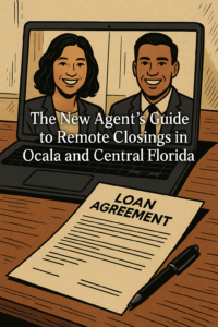 A stylish blog cover image featuring a laptop with a video call of two smiling professionals. In front, a printed "Loan Agreement" and pen rest on a wood desk. The blog title is in a contemporary serif font overlayed on the screen.