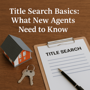 A cozy, professional-looking tabletop scene featuring a clipboard labeled "TITLE SEARCH", a black pen, a small red house model, and two silver house keys—perfectly themed for a real estate blog.