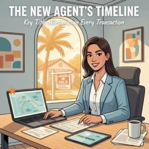 A smiling female real estate agent sits at a modern desk with a checklist, laptop, tablet labeled "Title Review," and documents in front of her. Through the sunny office window, a “SOLD” sign is visible in front of a Florida-style home with palm trees, evoking a warm Central Florida vibe. The image is styled in a clean, slightly illustrative way and highlights the real estate transaction process.