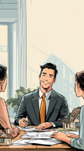 A confident young real estate agent sitting at a table with clients, smiling while explaining documents. The clients look reassured and engaged, with paperwork and a small model house on the table.