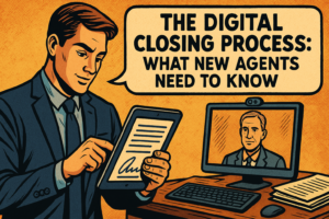 Comic-style image of a sharp real estate agent signing documents on a tablet, with a notary on a computer screen in the background. It’s a fun, modern visual take on the digital closing process.
