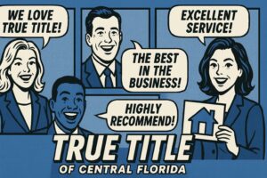 You said: A comic-book style illustration featuring happy real estate professionals, bold speech bubbles with quotes praising True Title of Central Florida, and a classic color scheme of blue, white, and gray. The layout showcases the company's name with a retro flair.