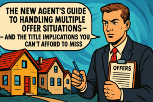 Comic book-style illustration of a real estate agent in a suit holding a clipboard labeled “OFFERS,” standing in front of colorful suburban houses. A large speech bubble announces the blog title.