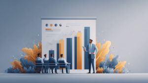 A clean, corporate vector illustration of a professional in a suit giving a presentation to a seated audience, featuring a large bar chart and abstract foliage in a blue, gold, and grey color palette.