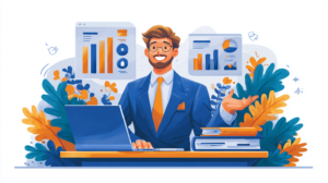 Flat vector illustration of a smiling businessman in a blue suit and glasses at a desk, gesturing toward floating data charts and a laptop, surrounded by stylized blue and orange foliage.