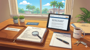 A clean, professional graphic showing a "Title Commitment" document with a checklist for Schedule A, B-1, and B-2, and a magnifying glass, set on a modern wood desk in an Ocala, Florida office, next to a tablet showing the True Title blog and brand colors.