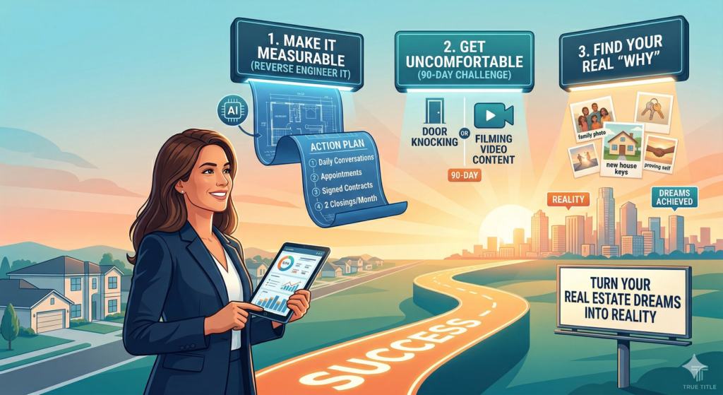 A motivational illustration for real estate agents, showing a woman in a suit pointing to a step-by-step roadmap for success with digital panels for three key goal-setting principles: Make It Measurable, Get Uncomfortable (90-Day Challenge), and Find Your Real Why, set against a sunrise suburban and city skyline