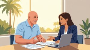 A real estate agent and a title company professional in a genuine mid-conversation moment at a bright, modern office table, papers and a laptop between them, warm natural light through a window.