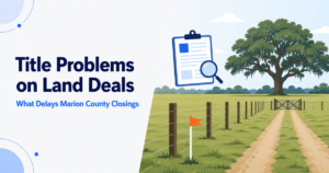 Fence line and survey stake on open Marion County pasture, title problems on Marion County land closings